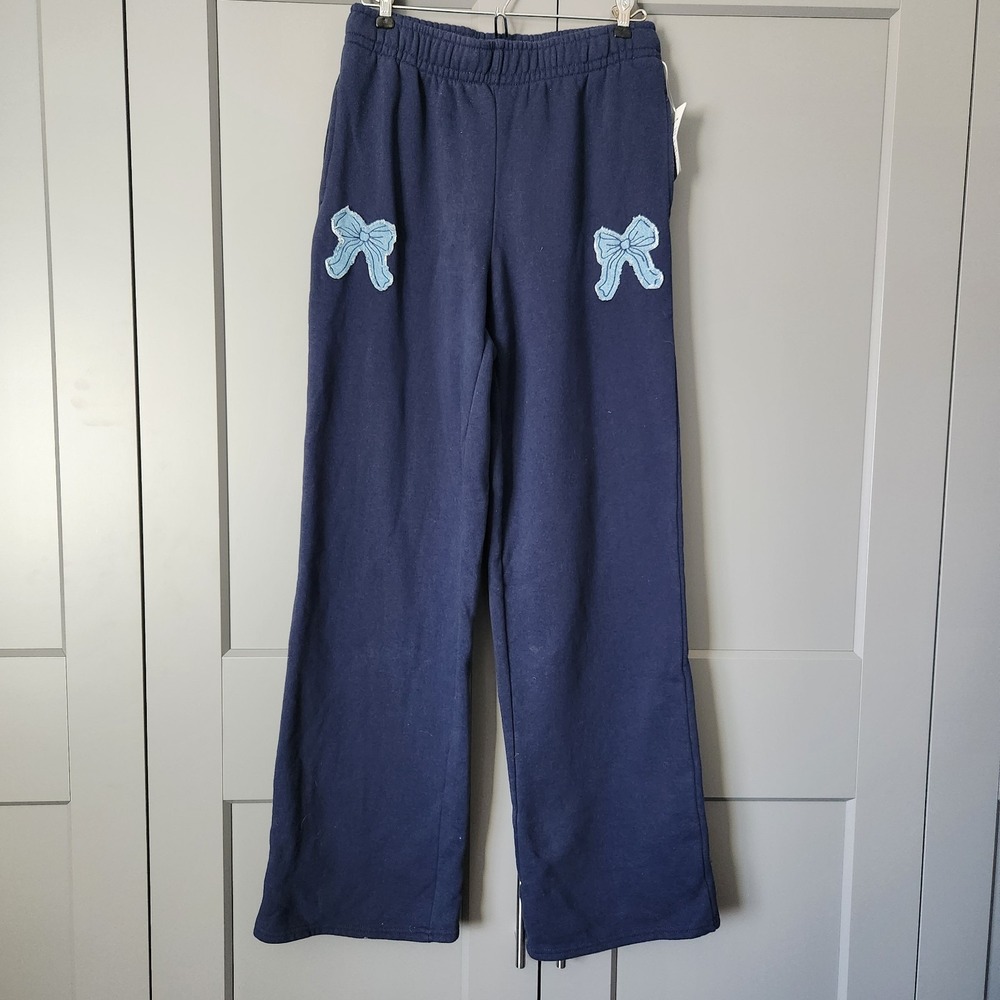 New Nordstrom Beverly and Beck Straight Leg Pants Blue Bow Sweatpants Small S